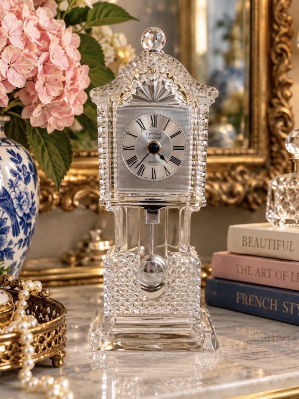 Vintage Godinger Crystal Legends 24% Lead Crystal Grandfather Mantel Clock